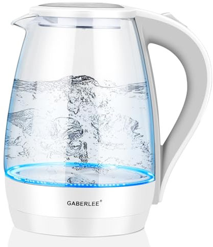 Electric Kettle, 1.7L, Fast Quiet Boil Glass Kettle with Blue LED, Auto Shut-Off and Stainless Steel Inner Pot, BPA-Free, White, 2200W