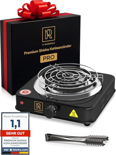 M. ROSENFELD Encendedor Eléctrico de Carbón BLACK HEAT 1000W para Shisha + Set Premium de Accesorios, Rejilla de Acero Inoxidable y Pinzas, Hornillo con Cable de 150 cm (Negro PRO)