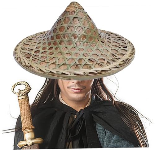 Jorzer Sombrero de bambú de 14 pulgadas de ala ancha, estilo tradicional chino, rústico, natural, para granjeros, pescadores, cosplay, samuráis, espadachines y fiestas..