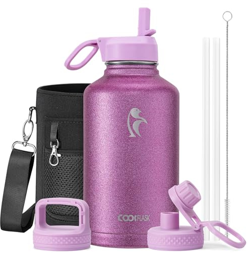 Coolflask Borraccia termica da 2l, con cannuccia e 3 coperchi, brocca per l'acqua da 2l, in acciaio inox, con imboccatura larga in metallo, per sport, palestra o ufficio, senza BPA, mantiene