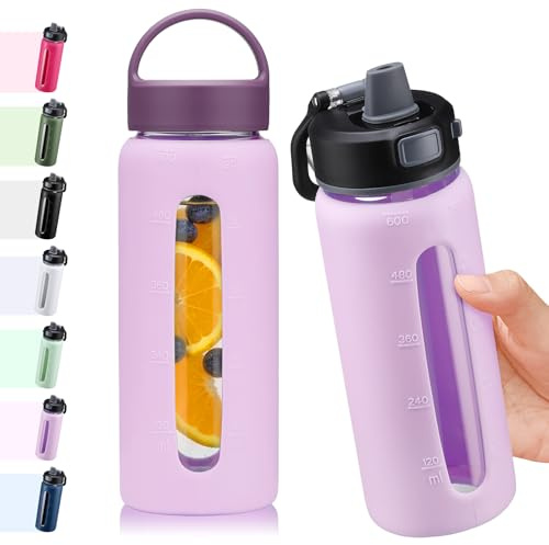 BLUEGO 600ml Bouteille d'eau verre avec 2 couvercles-Couvercle à verrouillage par simple pression et poignée Gourde réutilisable avec marquage du temps Pour voyages Maison Sport Sans BPA, Violet