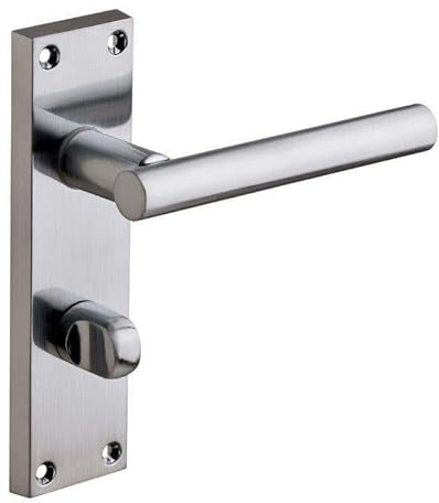 Designer Levers T-Bar Straight Lever Bathroom Door Handle, Satin Chrome | Fixings included; privacy thumb lock; satin chrome silver finish; solid aluminum and zinc alloy construction.