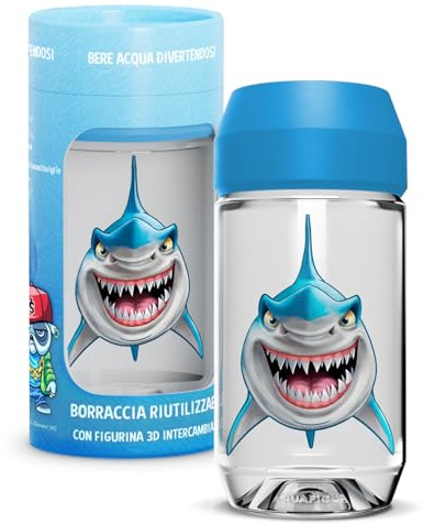 Aquafigure, Botella de agua reutilizable, sin BPA, botella y figura 3D lavables en lavavajillas, personalizable con figuras 3D de emoji, dinosaurios y más, capacidad de 330 ml, color azul