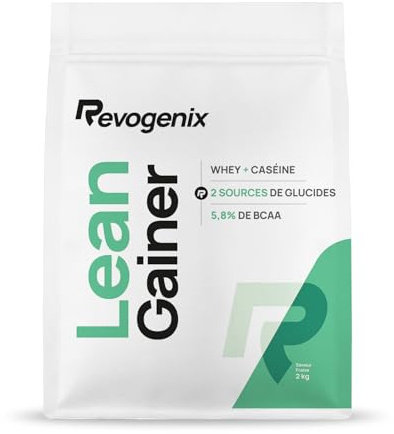 LEAN GAINER | Protéines avec Whey + Caséine | Glucides avec Farine d’avoine + Maltodextrine | Gainer Prise de Masse Musculation sèche | Riche en BCAA | Doypack de 2 kg Saveur Fraise | REVOGENIX