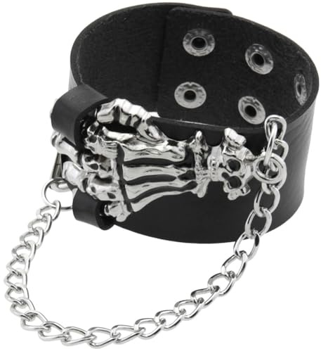 CALFOVERA Breites Lederarmband Mit Totenkopf Motiv Für Herren Punk Rock Gothic Stil Schwarze Kette Verstellbar Biker Armreif Armband Für Damen Halloween Kostümparty