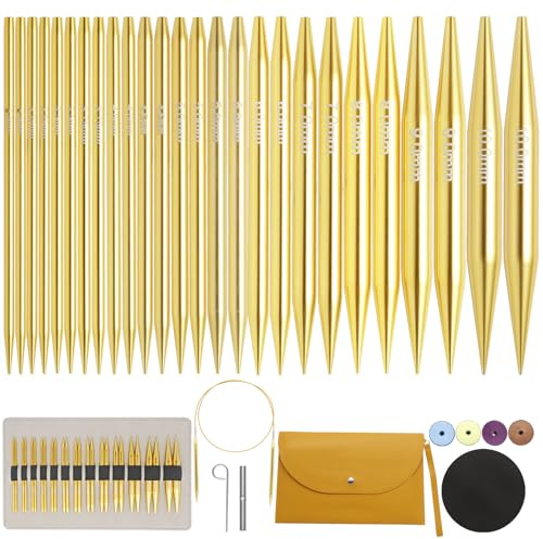 Iswawo Auswechselbare Rundstricknadeln Set, 13 Paare 3,0-10,0 mm Circle Knitting Needle Stricknadeln Naus mit 4 Seile Tasche, für Strickprojekte, Anfänger & Profis geeignet, Aluminium (Gelb)