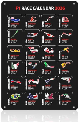 Formula 1 Racing 2026 Metal Signs, Vintage Formula 1 Circuit Calendar Plaque Wall Art, F1 Merchandise for Formula 1 Fans Motorsport Enthusiasts, Racing Decor for Man Cave, Garage, Bar, 12x8 Inch