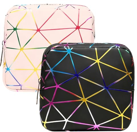 2-Pack Waterproof Period Bag for Teen Girls, Reusable Sanitary Pad Storage Bag with Zipper, First Period Kit & Makeup Organizer Pouch, Black and Pink