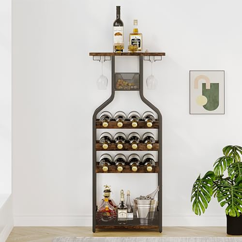 JOLLYTOP Freistehendes Weinregal Aus Metall & Holz – Eck-Weinständer Mit Ablagen, Mini Bar Tisch Mit Glashalter – Rustikaler Flaschenhalter Für Wohnzimmer & Esszimmer