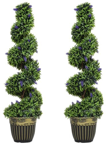 HOMCOM Set 2 Piante Finte da Interno di Bosso a Spirale 115cm Verde e Blu | Con Lavanda, 41 Fiori e Vaso, Piante Topiaria Artificiali da Esterni, Pianta Finta Anti-UV, Decorazione Casa, Giardino