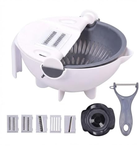 PNJB 9 in 1 Vegetable Slicer and Grater with Bowl, Interchangeable Bl-Ades, All-in-One Kitchen Tool, Perfect for Slicing, Shredding, Grating, Julienne and Chopping Fruits, Vegetables, Cheese and More