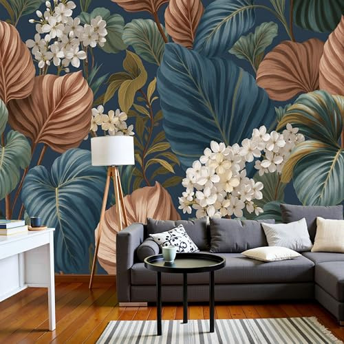 Papier Peint Motifs Feuilles Et Fleurs Tapisserie Panoramique Grand 3D Plantes Tropicales Orange Terracotta Papier Peint Soie Pour Salon Chambre Chambre D'Enfant Décoration Murale, 200×140 CM