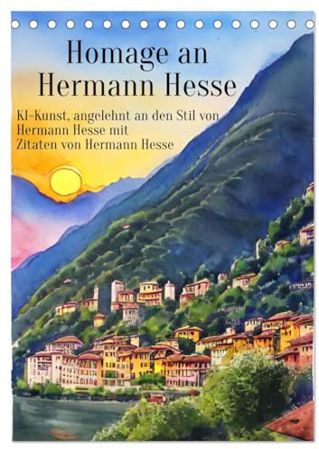 Homage an Hermann Hesse- KI-Kunst angelehnt an den Stil von Hermann Hesse mit Zitaten von Hermann Hesse (Tischkalender 2025 DIN A5 hoch), CALVENDO Monatskalender