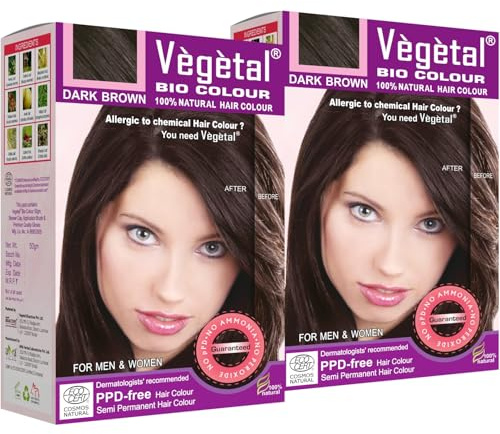 Vegetal Bio Hair Colour | Achieve Natural, Ammonia-Free Hair Color | PPD-Free, 100% Herbal Certified Organic for Men and Women | Complete Kit - Dark Brown- 50g (Pack of 2)