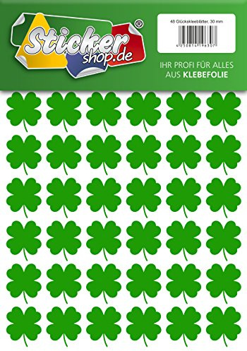48 vierblättrige Kleeblätter, 30 mm, aus PVC Folie, selbstklebend, wetterfest, Glücksbringer Sticker Aufkleber