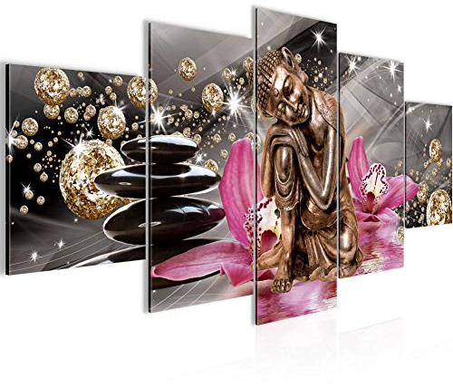 Runa Art Bild Wohnzimmer Schlafzimmer Buddha Orchidee 5 Teilig Diamant Beige Rosa Wandbilder auf Vlies Leinwand 505353a