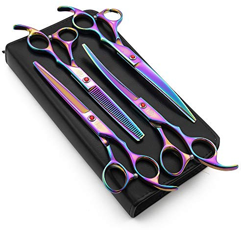 Moontay Professional 7.0 Dog Grooming Scissors Set, 4-pieces Straight, Upward Curved, Downward Curved, Thinning/Blending Shears for Dog, Cat and Pets, JP Stainless Steel, Multicolour | Straight, Upward Curved, Downward Curved, Thinning/Blending Shears for Dog, Cat and Pets, JP Stainless Steel