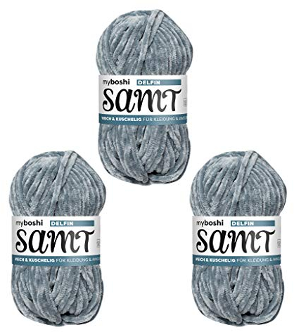 myboshi Samt Wolle zum Häkeln und Stricken, weiche Chenille Wolle im XXL-Knäuel, perfekt für Amigurumi und Kissen, 100% flauschige Polyester, 100g, Ll 100m Grau (Delfin) 3 Knäuel