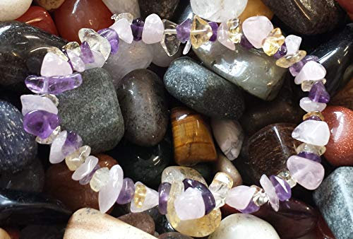 ROSE QUARTZ, CITRINE AND AMETHYST CRYSTAL HEALING CHIP BEAD BRACELET + FREE CITRINE TUMBLESTONE