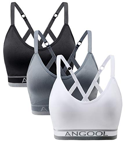 ANGOOL Sport BH Damen Einstellbarer Schultergurt Sport Bustier Damen Gepolstert Starker Halt Nahtlose Joggen Yoga Fitness Bra, 3er Pack, Schwarz + grau + weiß, L