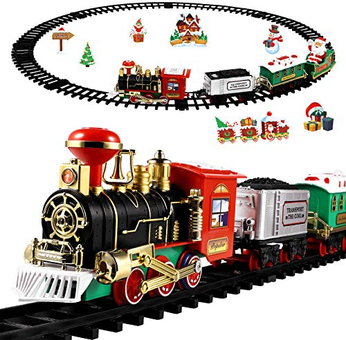 Toyvian Weihnachts-Eisenbahn-Zug-Set mit 120 cm Eisenbahnbahn und 4 Autos Lichtern und Sounds Eisenbahn, batteriebetriebenes Lokomotiven-Spielset, elektronisches Spielzeug, Geschenk für Kinder