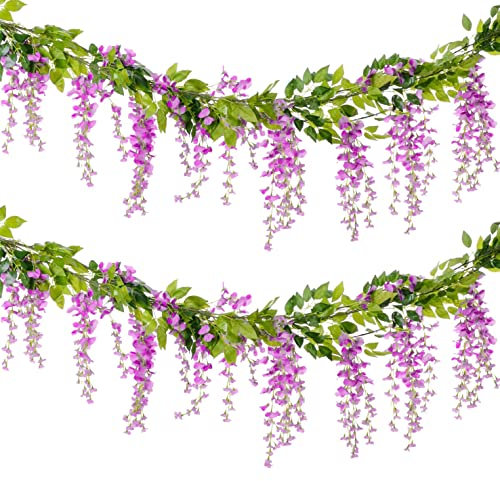 WARMIE 4x7FT Flower Garland Wisteria Artificial Flowers Fake Wisteria Vine Silk Fake Wisteria Vine Ivy Plants for Wedding Party Home Wall Decoration Trailing Flower In/Outdoor (Lilac)
