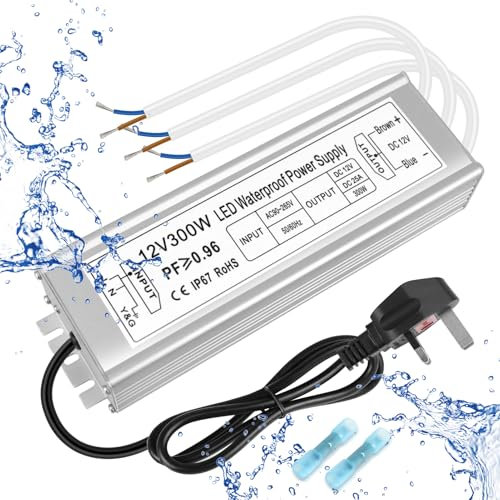 inShareplus LED Driver, 300W IP67 Waterproof Outdoor Power Supply,AC 110-260V to DC 12V 25A Low Voltage Transformer, Adapter with 3-Prong Plug for LED Light, Computer Project, Outdoor Use