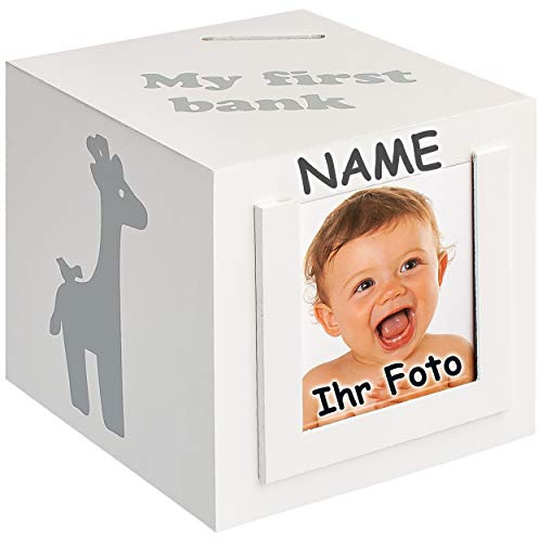 alles-meine.de GmbH Holz - Spardose/Bilderhalter - Würfel - Farbwahl - 10 cm - mit Verschluss - incl. Name - erste stabile Sparbüchse - weiß - Familie Sparschwein Sprüche - ..