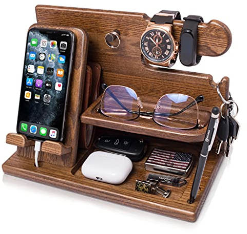 TESLYAR Regalo da uomo Organizzatore da ufficio in legno, regalo per festa della pera, Natale, regalo di supporto per telefono, ufficio, regalo di papà, supporto per orologio, moneta, regalo di