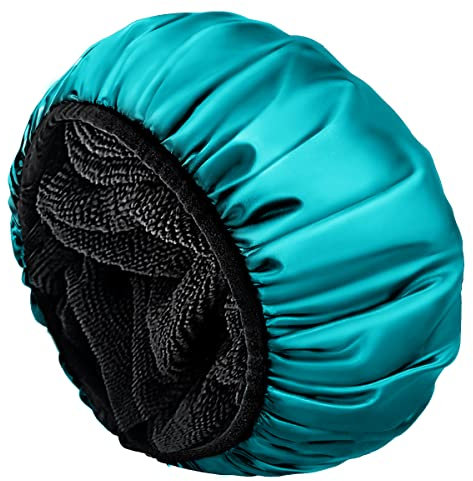 Aquior Shower Cap, Extra Large Triple Layer Bathing Cap with Dry Hair Function for Women Microfiber Terry Cloth Silky Satin 100% Waterproof Reusable Long Hair Bath Caps (Green), 13.7'' Diameter