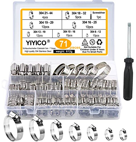 YIYICO Schlauchschellen Set Einstellbare Schlauchklemmen 304 Edelstahl 71Stk Schellen Sortiment 6-44 mm 7 Größen mit Schraubendreher für für Haus Gas Rohr Wasserrohr Teich Garten