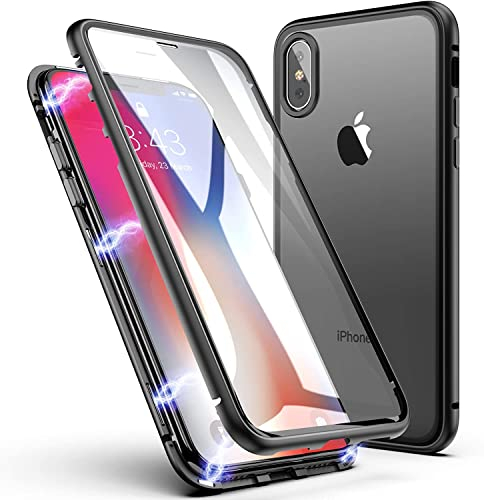 LONYAN Compatible with iPhone XS Max Case, Magnetic Adsorption Protective Hard Case Front and Back Tempered Glass Full Screen Coverage One-Piece Design Flip Cover (Black)
