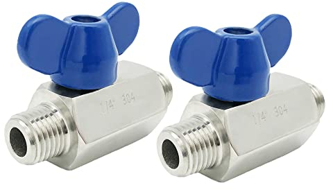 Souldershop 1/4 Zoll 304 Edelstahl Mini Kugelhahn 1/4 Zoll NPT Gewinde Kleine Kugelabsperrventil Blau Schmetterlingsgriff männlich x männlich MxM (2 Stück)