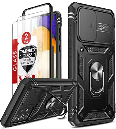 LeYi Schutzhülle für Samsung Galaxy A52 4G / A52 5G / A52S 5G, mit [2 Stück] Hartglas, verschiebbare Kameraabdeckung, 360-Grad-Schutz, Ringhalterung, Bumper Case, Schwarz
