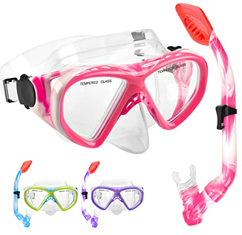 Ensemble de snorkeling pour enfants, garçons, filles, junior âge 5-15, en verre trempé, masque de plongée et snorkeling, vue panoramique à 180 degrés