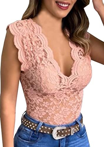 PANOZON Damen Spitzentop Sexy Spitze Cami Crop Top Sommer Lace Top ohne Ärmel(S,Rosa)