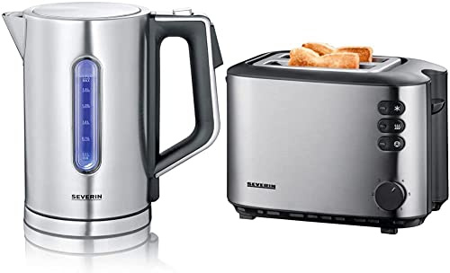 SEVERIN WK 3418 Digitaler Wasserkocher mit Fast-Boil-Power und individueller Temperaturauswahl, 1,7 l XXL-Füllvolumen, 3000 W & Automatik-Toaster,2 Röstkammern, 850 W, AT 2514, Edelstahl/Schwarz
