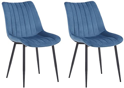 CLP 2er Set Stühle Rahden Samt Mit Schwarzem Gestell Und Einer Sitzhöhe Von 46 cm I Polsterstühle Mit Gestepptem Sitz, Farbe:blau