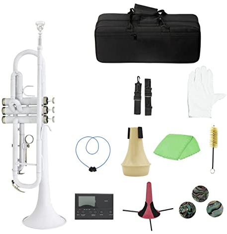 Messing Trompeten Messingtrompete Bb B Mit Mundstück Tragetasche Stimmgerät Dämpfer Trompetenständer Reinigungswerkzeuge Trompete Messing Für Anfänger (Color : White)