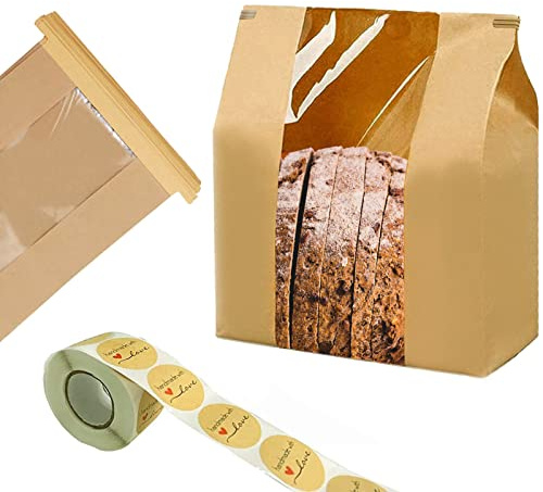 NOONEAST 100 Pack Large Paper Bread Bags for Homemade Bread Sourdough Bags 14 x 8.3 x 3.5 with Tin Tie Tab Lock Clear Front Window Bakery Bag Packaging Cookie Bag with Label Seal Stickers