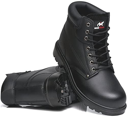 Rock Reptile Botas de seguridad de cuero para hombre con puntera de acero, zapatos ligeros S1P SRC con cordones, Black, 44 EU