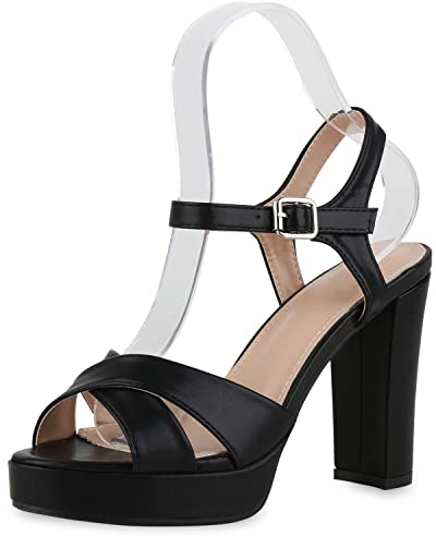 VAN HILL Damen Plateau Sandaletten Blockabsatz Schuhe Party Abendschuhe Elegante Absatzschuhe Plateauschuhe Freizeitsandaletten 211933 Schwarz Plateau 39