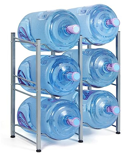 Nandae Water Cooler Jug Rack, 3-Tier Heavy Duty Water Bottle Holder Storage Rack 5 Gallon Water Jug Holder for 6 Bottle, Sliver
