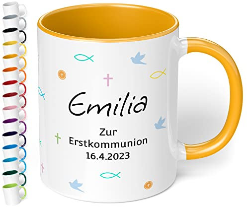 Tasse zur 1. heiligen Kommunion mit Namen und Datum „Zur Erstkommunion“ – personalisierte Kindertasse für Mädchen & Jungen - Kommunions-Geschenke von Paten Eltern Oma Geschenkideen (Goldgelb)