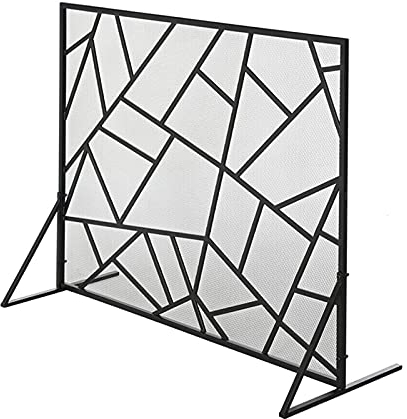 CAZARU Kaminschutz für Gaskamine, Funkenschutz für Feuerstelle und offenes Feuer im Innen- und Außenbereich, flaches Einzelpaneel aus Schmiedeeisen mit Ständer, schwarz