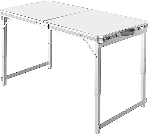 Grafner XL Aluminium Camping Tisch klappbar, stabil und tragbar, 120 x 60 x 70 cm, höhenverstellbar, Doppel Klapptisch Alu Gartentisch Mehrzwecktisch Koffertisch Picknick Festival, Weiß, CT11056