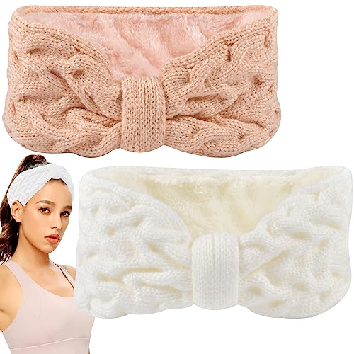 ZeYou Stirnband Damen Winter 2Pcs,Weiß und Rosa Stirnbänder Strick, Haarband Ohrenwärmer Elastische Headband,Verdicken Kopfband Ohrenwärmer Warm für Damen/Frauen/Mädchen