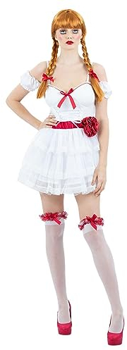 Smiffys Annabelle-Minikleid-Kostüm, Kleid, halterlose Strümpfe und Haarbänder Halloween