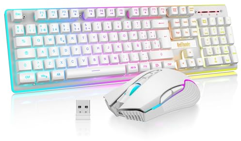 RedThunder K10 Kabellose Gaming-Tastatur, mechanische Haptik, LED-Hintergrundbeleuchtung, wiederaufladbarer Akku mit 3800 mAh, Anti-Ghosting + 7D-Maus, 3200 DPI, ES-Layout, für PC/PS5/Xbox-Weiß