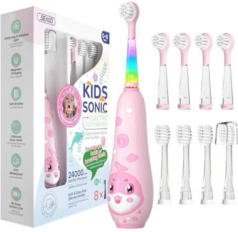 Seago Elektrische Zahnbürste Kinder 0-6 Jahre mit buntem LED Licht, Smart Timer, wiederaufladbare Baby Zahnbürste mit 8 weiche Ersatzbürstenköpfen, IPX7 Wasserdicht, SG2139 (Rosa)